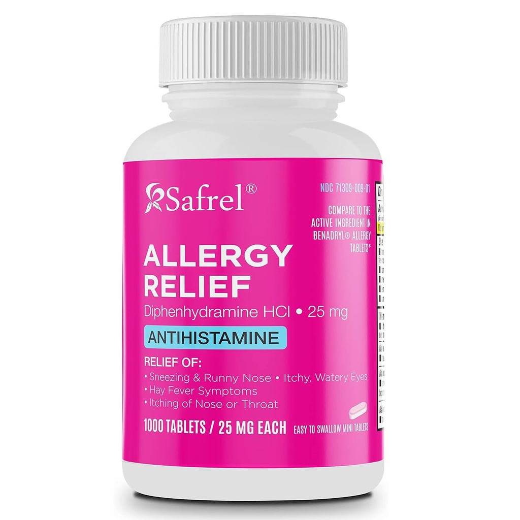 Safrel Allergie Relief Médicaments Diphenhydramine HCl Caplets 25 mg (1000 comte), Antihistamine Soulage Éternuement, Nez de runny, Fièvre de Hay, Yeux de démangeaison et Gorge, Pills d'allergie intérieure et extérieure saisonnières
