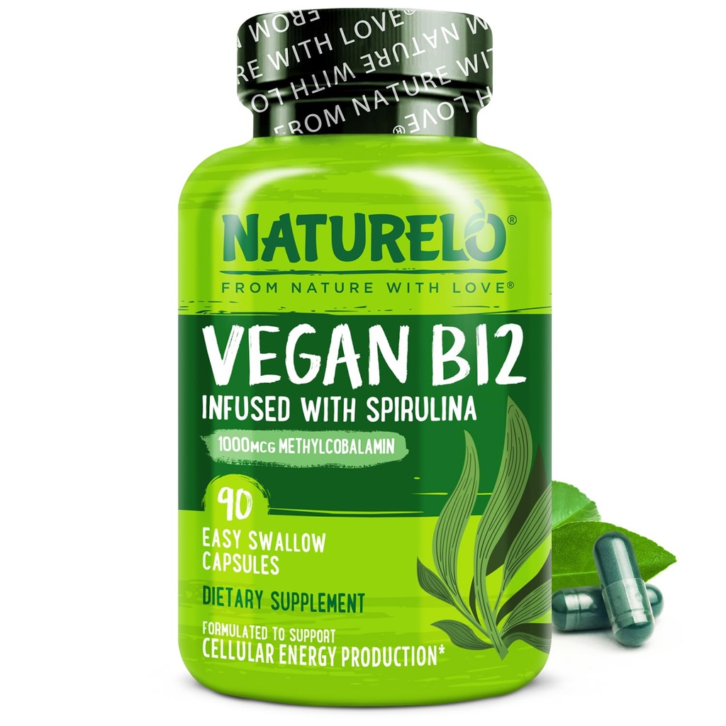 NATURELO Vegan B12 - Methyl B12 mit Bio Spirulina - Hohe Potenz Vitamin B12 1000 mcg Methylcobalamin - Unterstützt gesunde Stimmung, Energie, Herz und Augengesundheit - 90 Kapseln