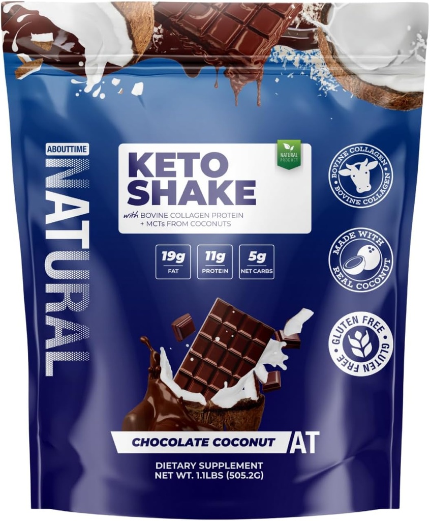 Über Zeit Keto Shake Chocolate Coconut mit Bovine Collagen Protein + MCT aus Coconuts | 11g Protein, 19g Fat, 5g Net Carbs | Glutenfrei, Non-GMO, 12 Servierungen