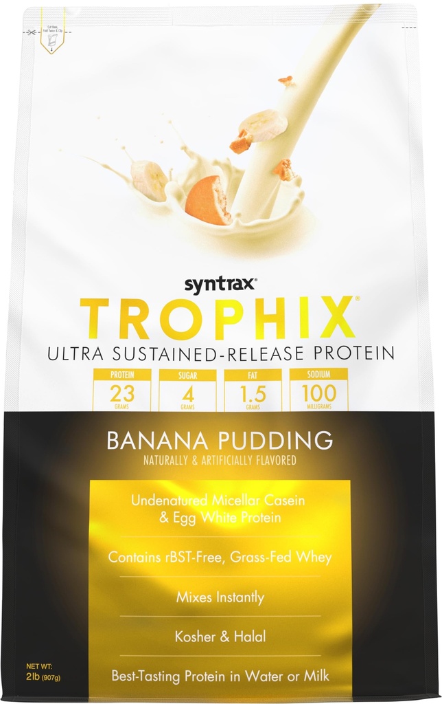 Syntrax Nutrition Trophix, Mélange de poudre de protéines à libération prolongée, Banana Pudding 2 lbs.