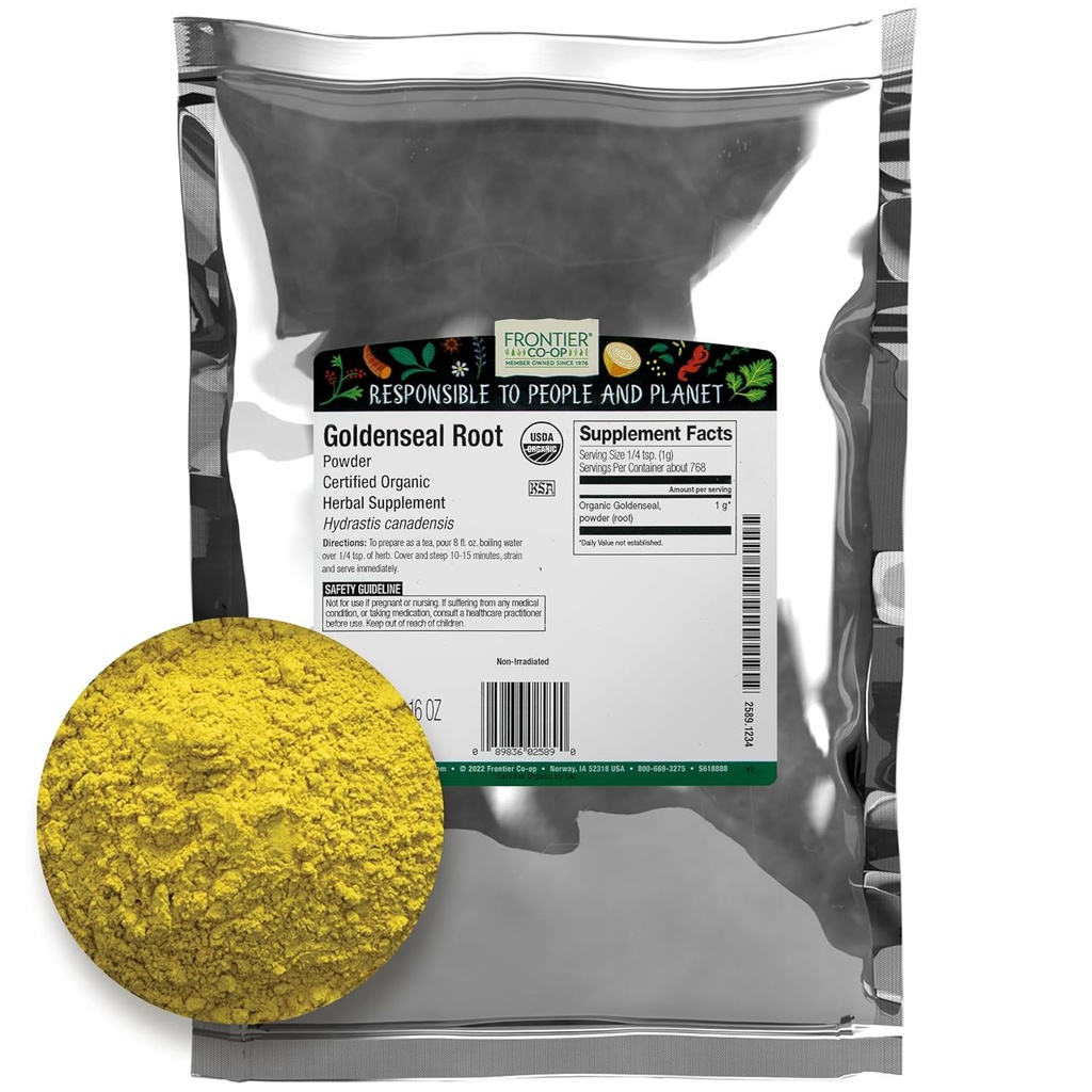 Frontier Co-op Organic Goldenseal Wurzelpulver, 1/4 lb - Erdig, Bitter Kräuterwurzel mit hellgelbe Farbe für Tee und Tinktur Rezepte - 4 Unze
