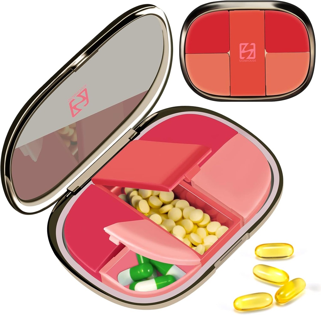 Tägliche Pille Fall Organizer Pocket Pharmacy, Chrxbei Pille Container Fall Reisen Must Haves mit 5 Komponenten, Tragbare Pille Splitter Halter Box für Vitamin, Medikamente, Ergänzung und Fischöl - Rot