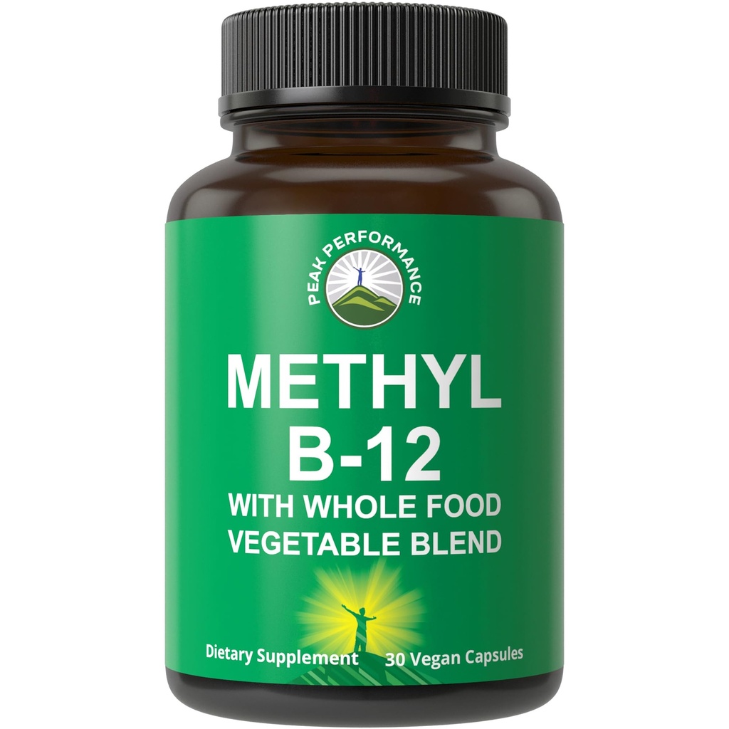 Méthyl B12 Vitamine + Mélange alimentaire entier de 25 légumes et fruits pour l'absorption maximale. Vitamine végane B12 méthylcobalamine - Supplément méthyl B-12 pour l'énergie, la concentration et le soulagement. Capsules d'approvisionnement de 30 jours