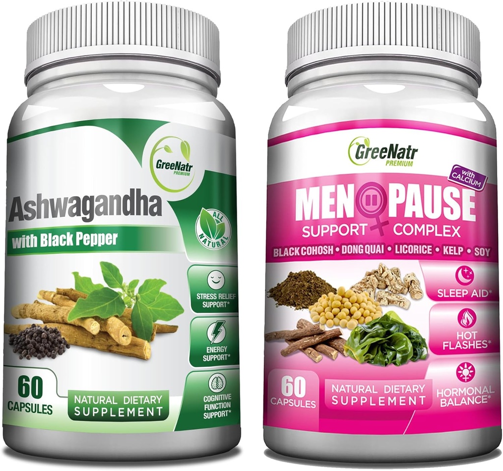 GreeNatr Total Wellness Support with Ashwagandha Capsules with Black Pepper for Enhanced Absorption - and Natural Ménopause Herbal Complex