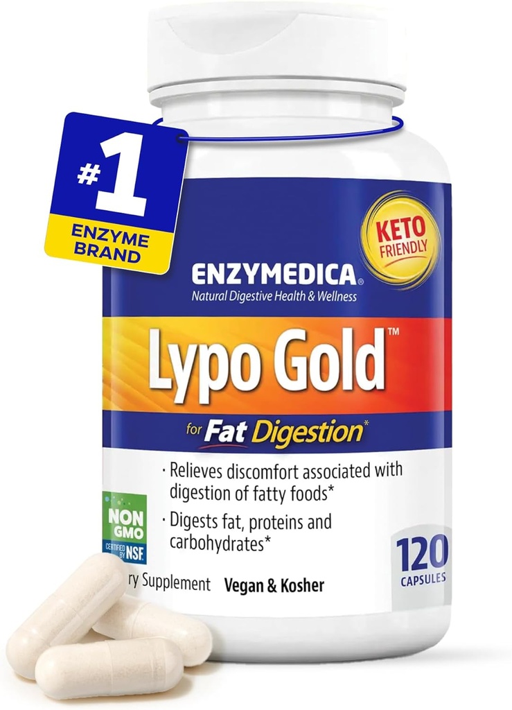 Enzymedica Lypo Gold, hohe Potenz Lipase Verdauungsenzyme für Fettdigestion, unterstützt okziale Bloating Relief & Verdauungsgesundheit, Keto-Friendly, Vegan, 120 Kapseln FFP