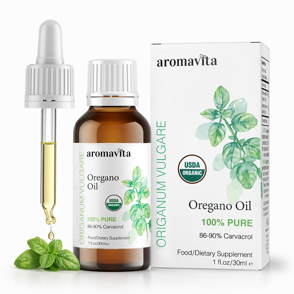 Huile organique essentielle d'Origan-100% Huile d'Origan Grec pure non diluée avec Carvacrol - Plus de 86%, Non-OGM, Huile d'Origan extra-résistance gouttes liquides organiques, 1 FL.OZ/30ml