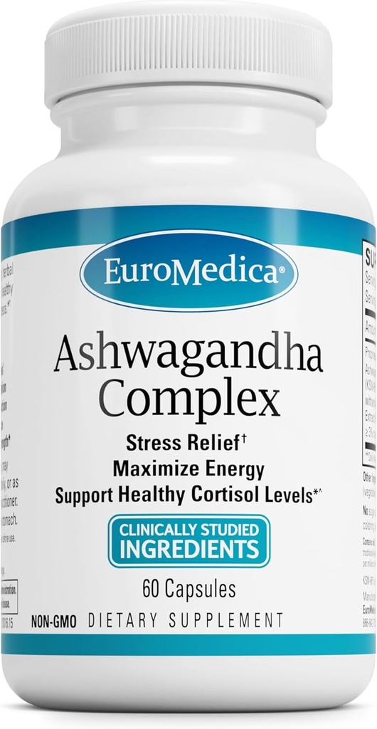 EuroMedica Ashwagandha Complex - Ergänzung zur Nebennieren Gesundheit - Ashwagandha Ergänzung mit Rhodiola Rosea Extract - Kräuterergänzung zur Unterstützung von Energie und Konzentration - 60 Kapseln