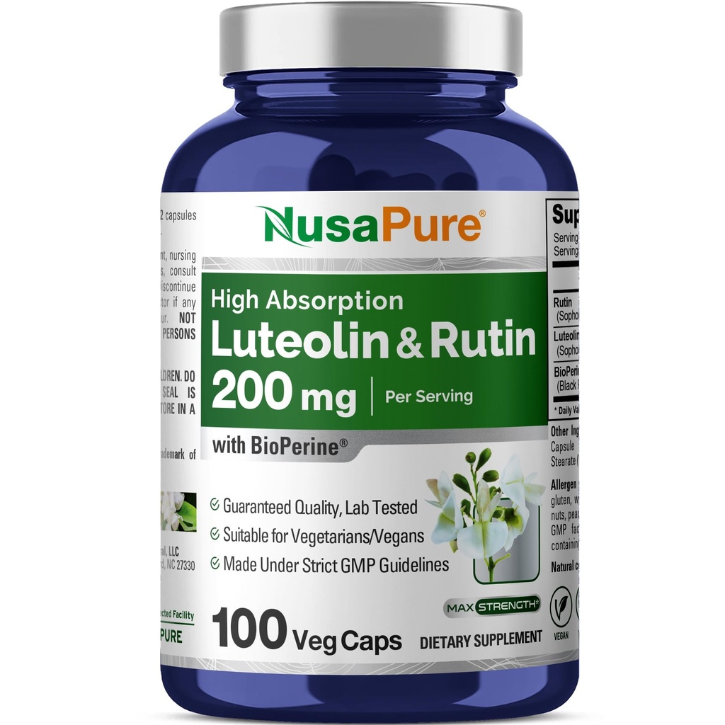 Complexe de lutéoline NusaPure avec Rutin 200 mg de 100 Capsules de formule végétarienne, non-OGM et flavonoïde végétalienne