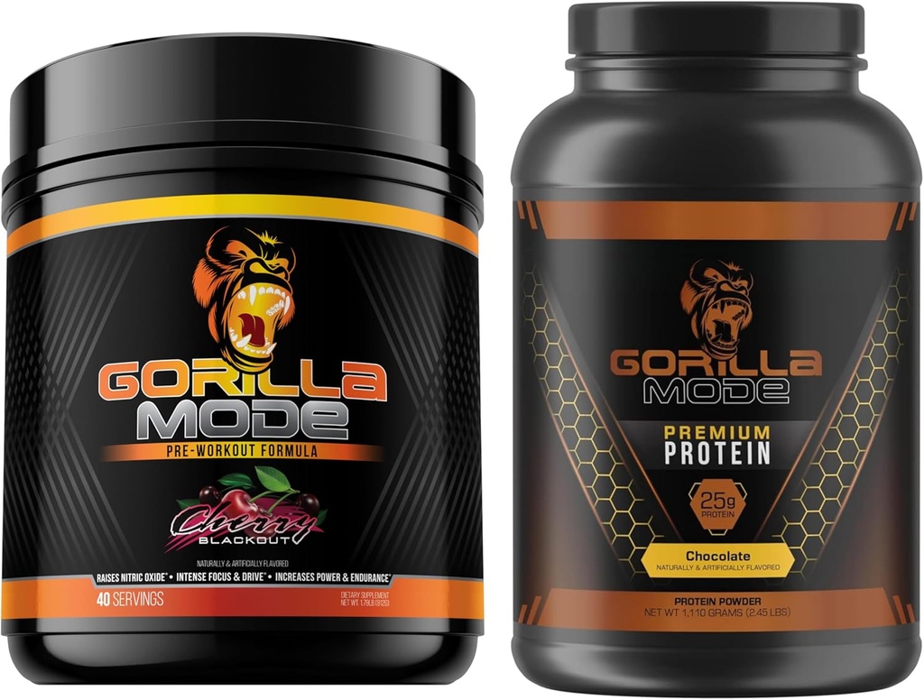 Gorilla Mind Pre Workout (Cherry) + Protéine de lactosérum Premium (Chocolate) - Stack complet pour alimenter les résultats maximum d'entraînement