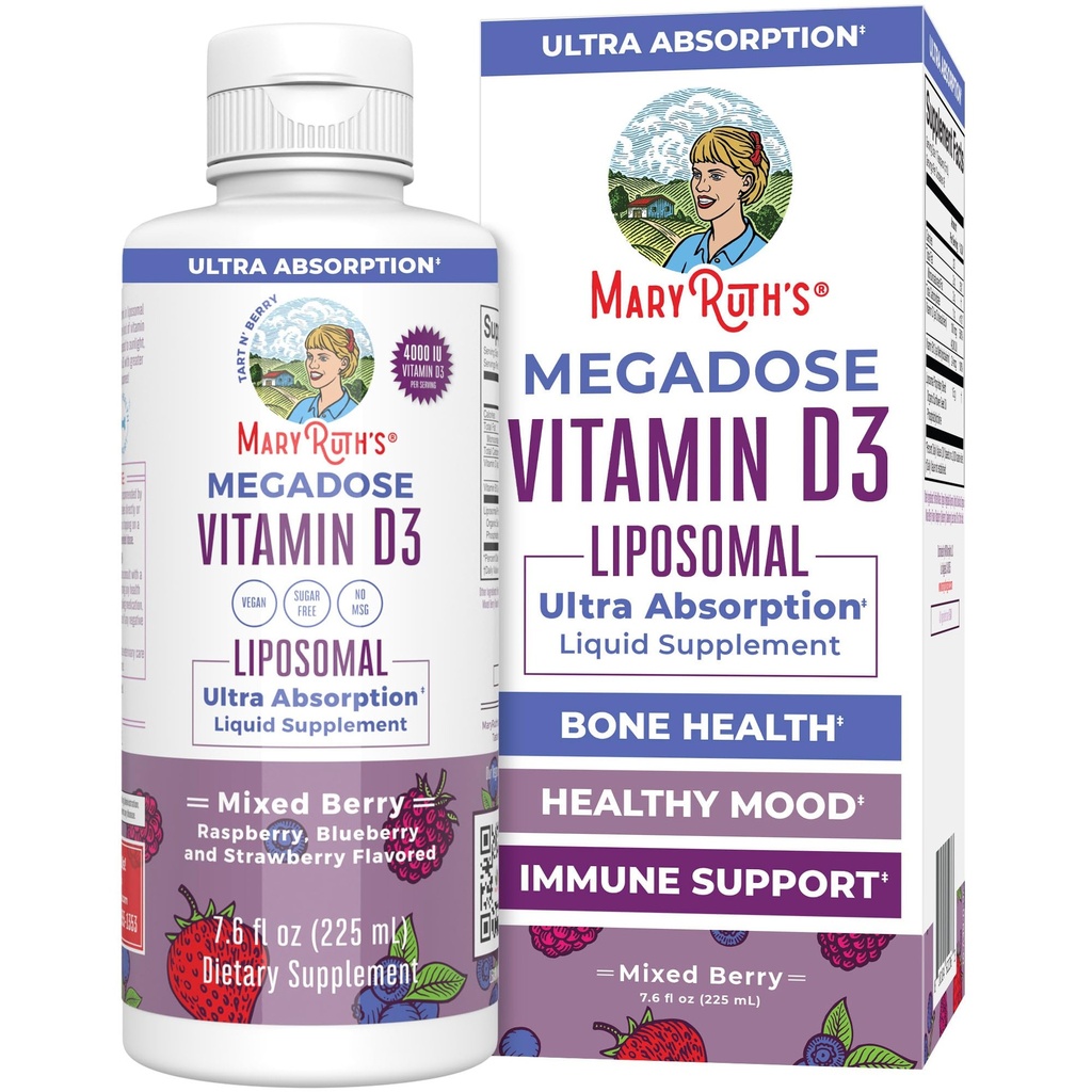 MaryRuth Organics Megadose Vitamine D3 Liposomale , Vitamine D 4000 UI Ultra Absorption Soutien immunitaire pour les adultes , Santé des os , VIT D3 , Vegan , Sans sucre , Sans gluten , Sans OGM 45 portions
