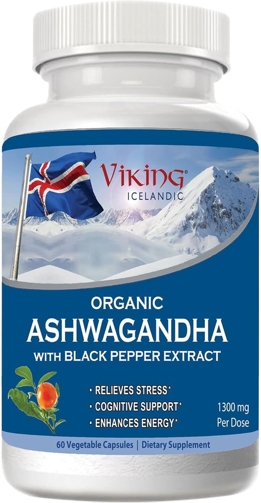 Viking Organic Ashwagandha mit schwarzem Pfeffer Extrakt Island. 60 Vegan Kapseln - maximale Absorption für Stress, Stimmung & Energie Unterstützung