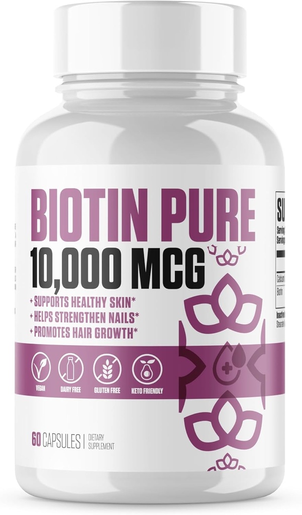 Biotin Pure 10.000 MCG + Kalzium | #1 Neue Max Dose Biotin B7 Ergänzung Pillen für gesündere und längere Haare, Haut und Nägel | Vegan Kapseln für Männer & Frauen - 60 Servierungen