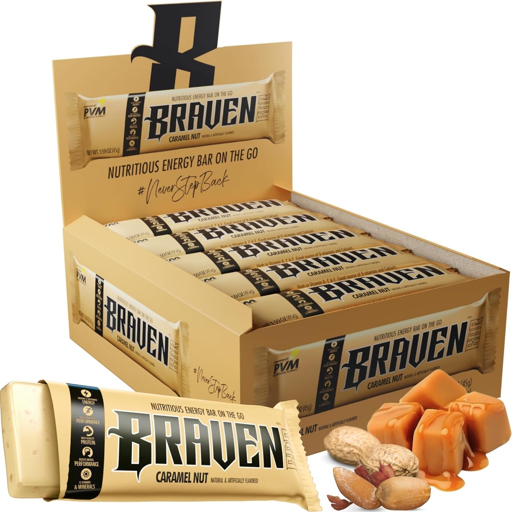 Braven Bar Caramel Nut Energy Bars (1.59 Unze, 20er Pack) – Energy Chews mit 5g Protein – On-the-Go Energy Snacks für Laufen, Wandern und Sport - Gluten kostenlose Snacks für nachhaltige Energie Boost