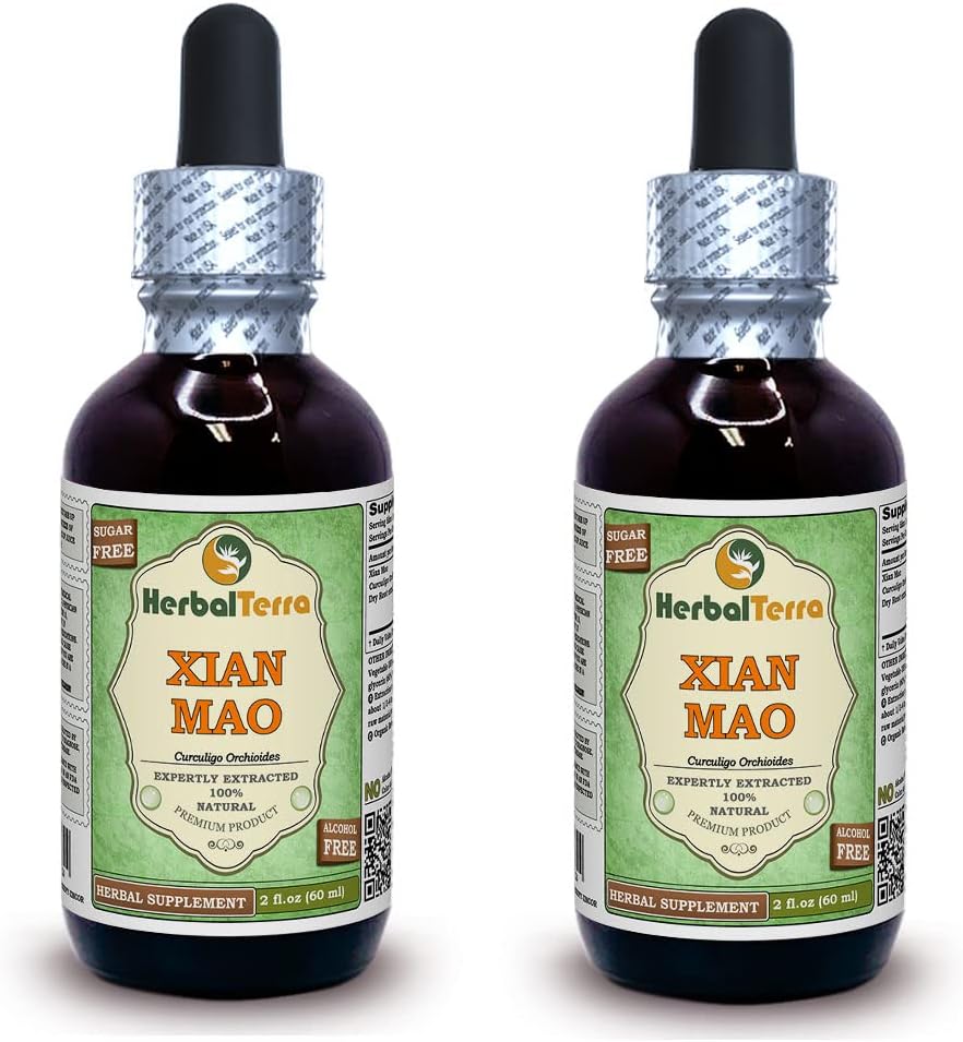 Xian Mao, Curculigo (Curculigo Orchioides) Glycérite, poudre de racine séchée organique Extrait liquide sans alcool (marque: HerbalTerra, fièrement fabriqué aux États-Unis) 2x2 fl.oz (2x60 ml)