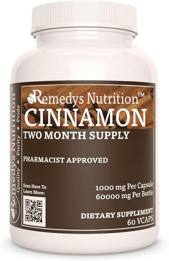 Remedys Ernährung Cinnamon Bark Ceylon | 1.000 mg, 60 Vegan Kapseln pflanzliche Nahrungsergänzung | Zwei Monate Versorgung
