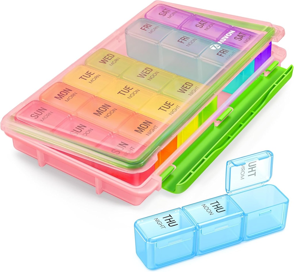AUVON Weekly Pill Organizer 3 Mal am Tag mit Feuchtigkeits-Proof Design, Große Pille Box 7 Tage einfach zu bedienen, Tragbare Pille Fall für Reisen mit Doppelschutz, Pillenbehälter für Vitamine, Medikamente