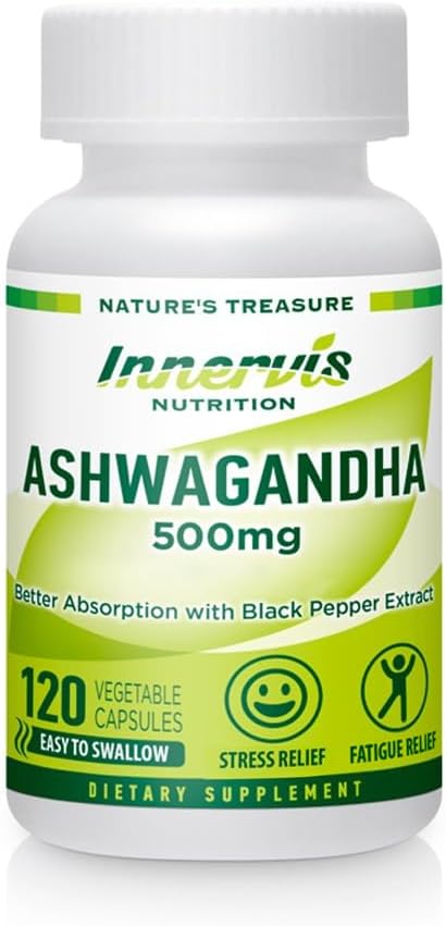 Ashwagandha 500mg – Stress-Relief, Stimmungs- und Relaxation mit schwarzem Pfeffer, 120 Vegan Kapseln