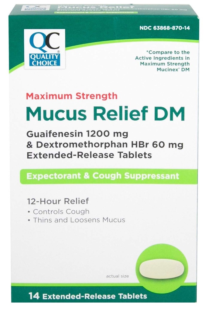 Qualität Wahl Maximale Stärke Mucus Relief DM, Cough Suppressant und Expectorant, 12 Hour Relief, Guaifenesin 1200 mg und Dextromethorphan HBr 60 mg Extended Tablets, 14 Count