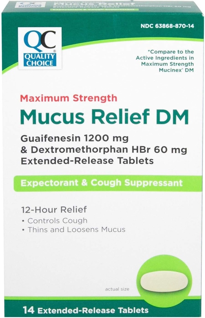 Qualität Wahl Maximale Stärke Mucus Relief DM, Cough Suppressant und Expectorant, 12 Hour Relief, Guaifenesin 1200 mg und Dextromethorphan HBr 60 mg Extended Tablets, 14 Count