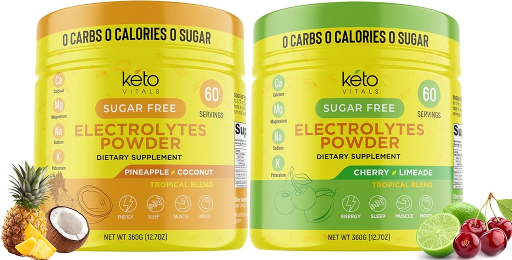 Keto Vitals Ensemble de noix de coco à base d'ananas avec limeade de cerise - 2 paquets de poudre d'électrolytes Keto - électrolytes avec potassium, magnésium, sodium, calcium - noix de coco Pinneapple et limeade de cerise