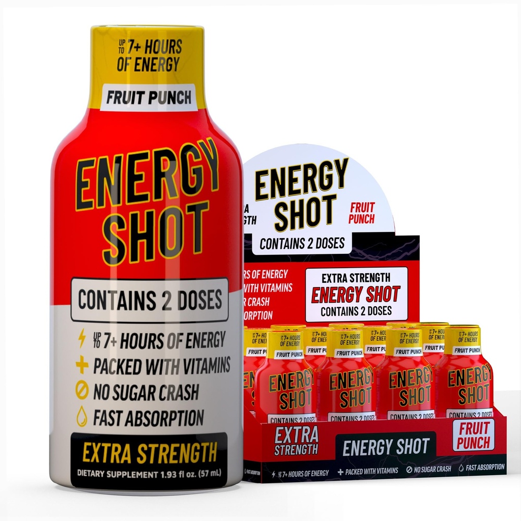 Fruit Punch Extra Strength Energy Shot 12 pk – 260mg Caféine naturelle B12 B6 – Energy & Focus Support – 2 portions Sans sucre Zéro calories Thé vert B-Vitamines Electrolytes Vegan – 1,93 fl oz
