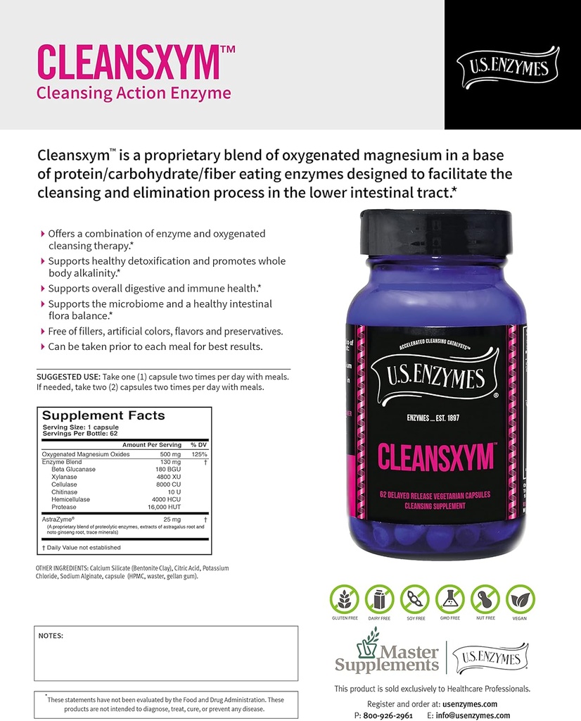 US Enzymes CLEANSXYM 62 Vegetarische Kapseln. Reinigungsergänzung.