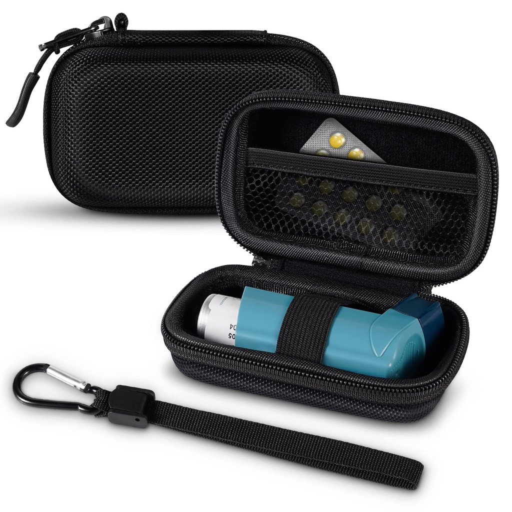 Inhaler-Case, Hard Shell Protective Travel Carrying Case, Passt Standard Rescue & neue Albuterol Inhaler Geräte bis zu 4 Zoll, Gerät nicht enthalten, Schwarz