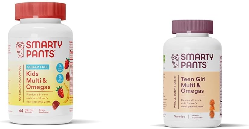 SmartyPants Kids Multivitamin Gummis, Sugar Free: Omega 3 (ALA) & Teen Girl Multivitamin Gummies: Omega 3 Fish Oil (EPA/DHA)