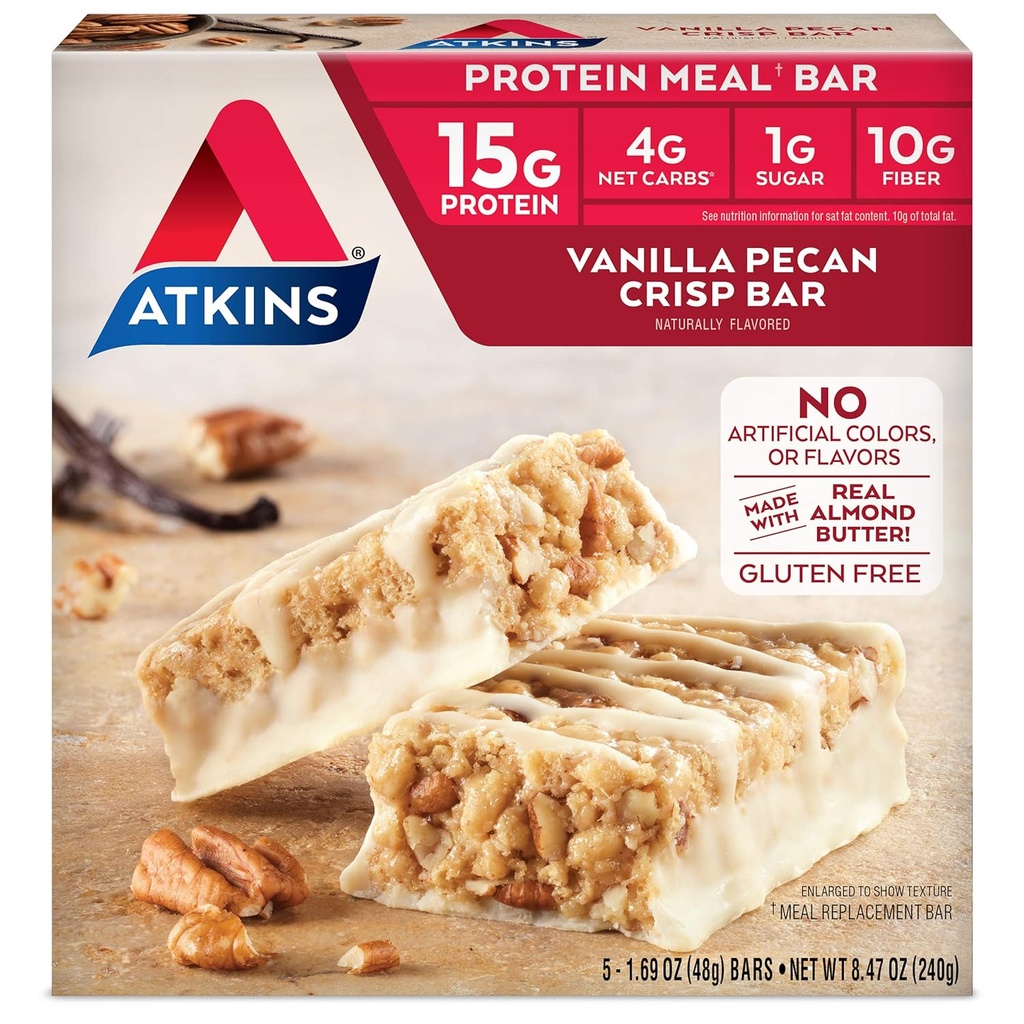 Atkins Vanilla Pecan Crisp Protein Meal Bar, High Fiber, 1g Zucker, 4g Net Carb Meal Ersatz, Keto Friendly, 5 Count