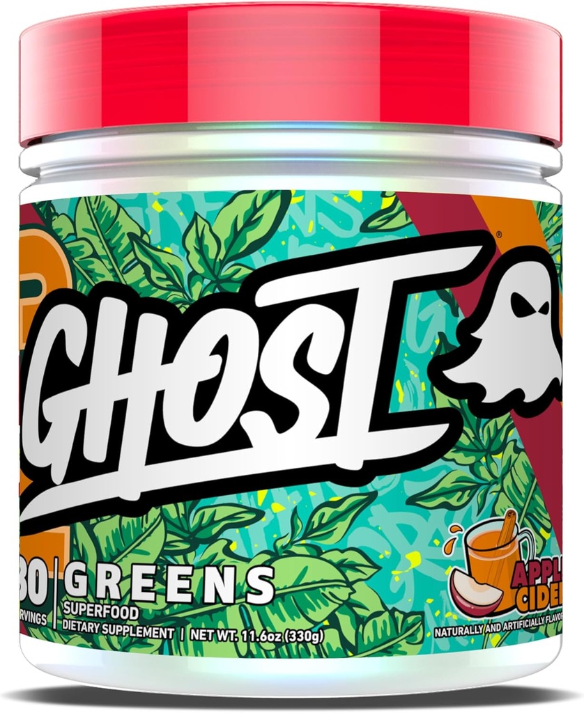 GHOST Greens Powder, Apple Cider - 30 Servierungen - 19 Superfood Greens & Reds Powder, Fruits, Gemüse, Spirulina, & Chlorella, Prebiotics, 10 Billion CFU Probiotic & Digestive Enzyme - Glutenfreie