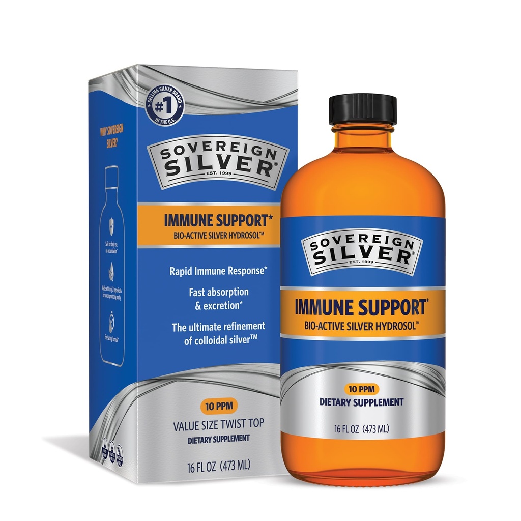 Support immune en argent souverain - Argent colloïdal, hydrosol en argent bioactif, 10 ppm, haut de torsion liquide, 16 Fl Oz, (473 mL)