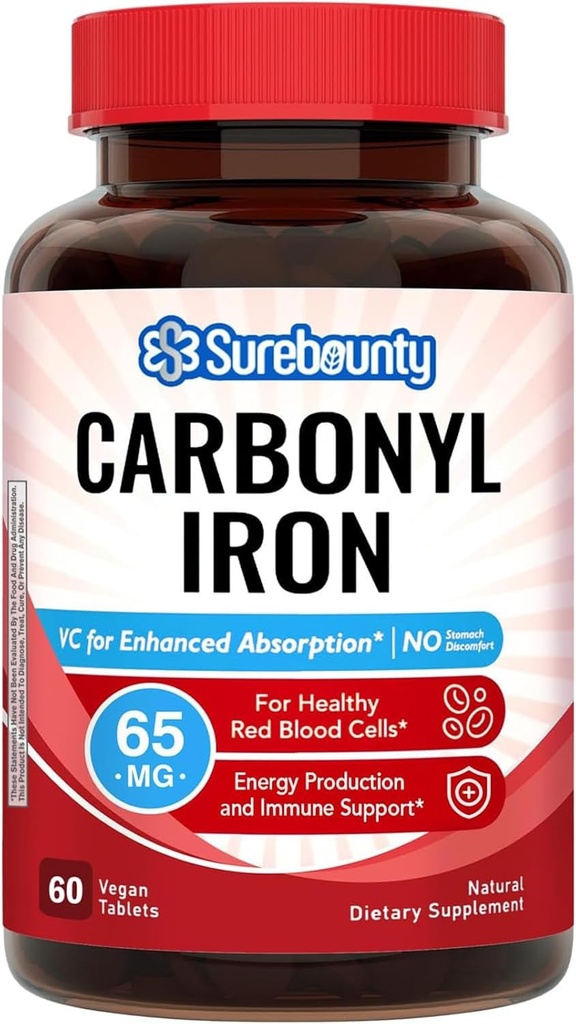Carbonyl Iron, mit natürlichem Vitamin C, sanft auf den Stomach, hohe Absorption, für rote Blutzellenfunktion, Energieunterstützung, Vegan, 60 Tabs