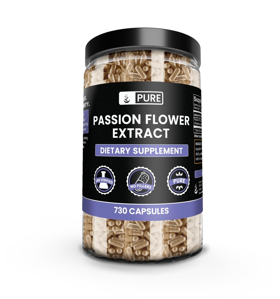 PURE ORIGINAL INGRÉDIENTS Extrait de fleurs de passion (730 capsules) Pas de magnésie ou de farine de riz, toujours pur, vérifié en laboratoire