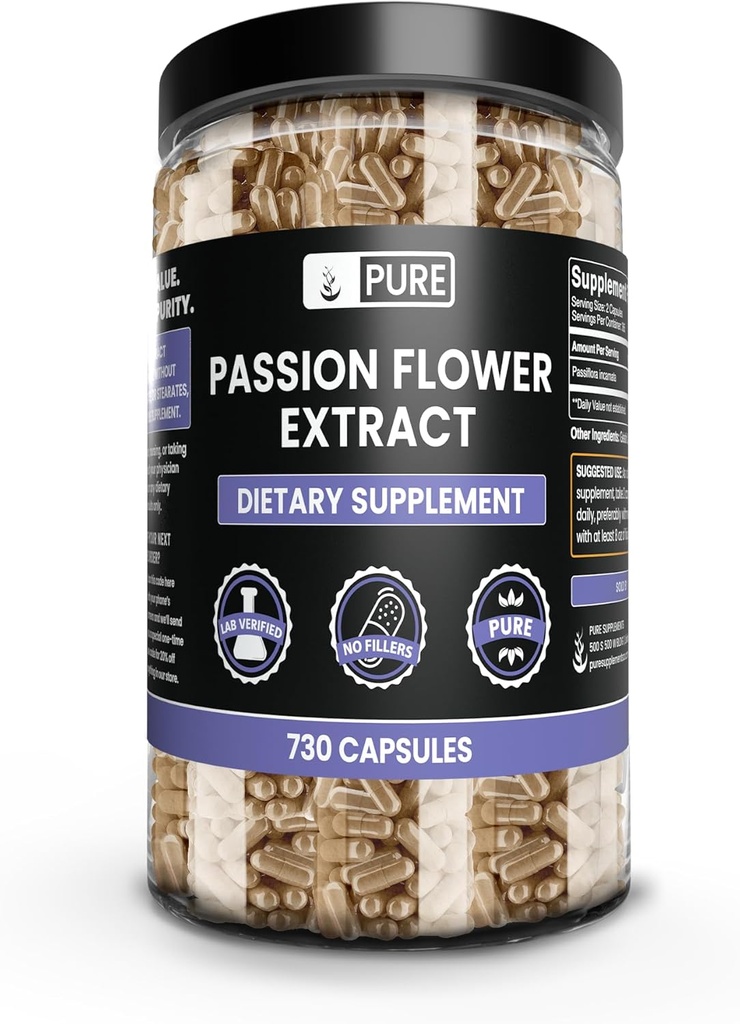 PURE ORIGINAL INGRÉDIENTS Extrait de fleurs de passion (730 capsules) Pas de magnésie ou de farine de riz, toujours pur, vérifié en laboratoire