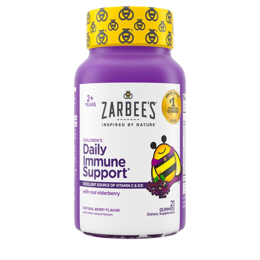 Zarbee's Elderberry Gummies für Kinder mit Vitamin C; Zink & Elderberry; Tägliche Kinder Immununterstützung Vitamine Gummy für Kinder Alter 2 und oben; Natürliche Berry Flavor; 21 Count