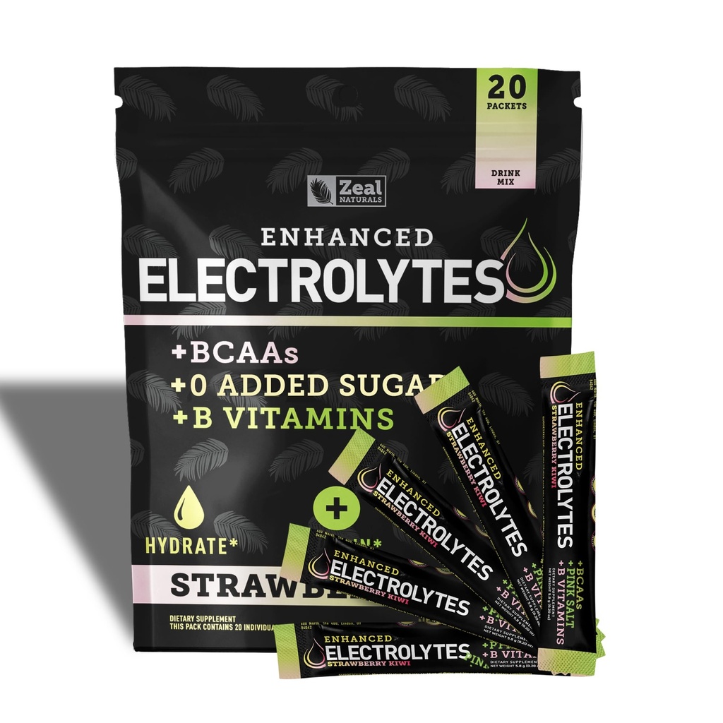 Verbesserte Elektrolyt-Pulver-Stick-Packs (Strawberry Kiwi | 20 Packets) w/ 0 Sugar +BCAAs +B-Vitamine Elektrolyt-Ergänzung mit Kalium Zink & Magnesium für Hydration - Keto-Elektrolyte
