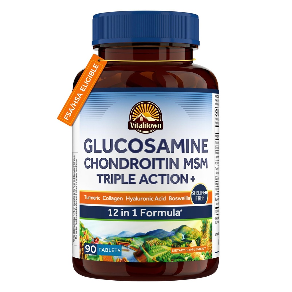 Vitalitown Glucosamine Chondroitin MSM | Collagen, Boswellia, Turmeric, Hyaluronsäure, Bromelain | Triple Action+ Formel | 12 Zutaten | 90 Tabletten, keine Schalentiere