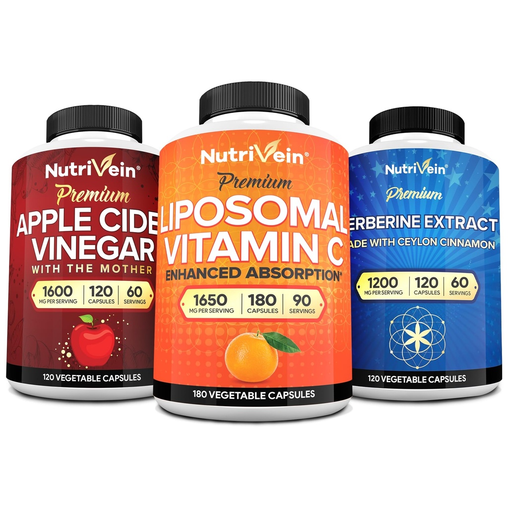 Nutrivein Premium Berberine, Apple Cider Vinegar, & Liposomal Vitamin C Supplement Bundle: High-Absorption Vitamin C Capsules, ACV Capsules, & Berberine Supplement for Wellness & Immunity