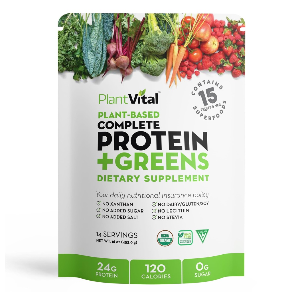 Plantvital Unflavored Organic Vegan Protein Powder - 15 Superfoods, Veggies und Probiotics - Bio Pflanzenbasiertes Proteinpulver - Alle BCAA’s, Glutenfrei - 16oz -1 Pouch
