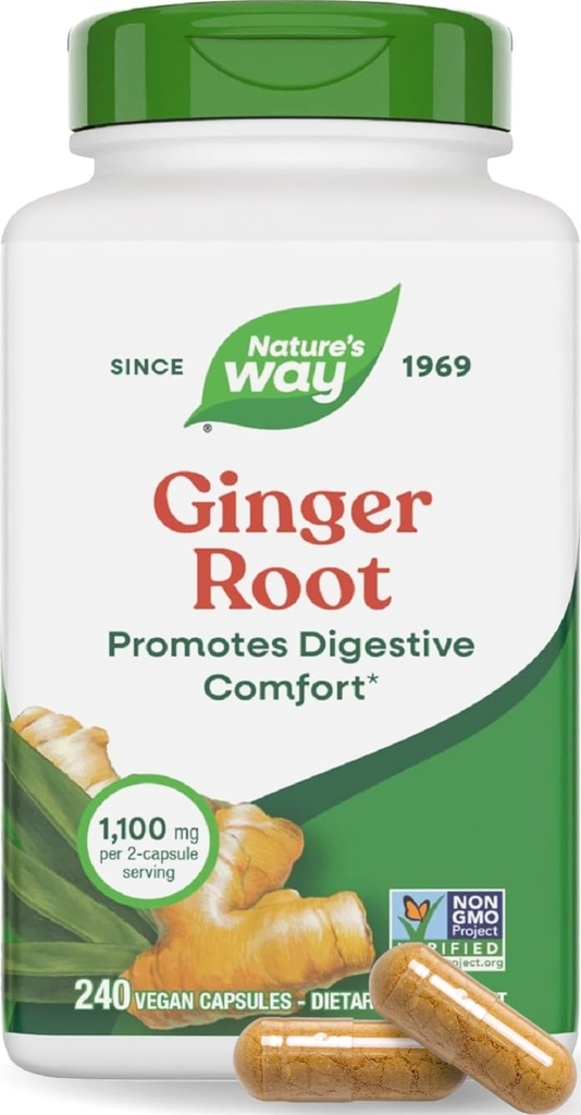 Nature's Way Ginger Root Capsules 550 mg pro Kapsel, Digestive Comfort* Reduces Motion-Related Nausea*, 1.100 mg pro 2 Kapseln, Non-GMO Project Verified, Vegan, 240 Count (Packaging May Vary)
