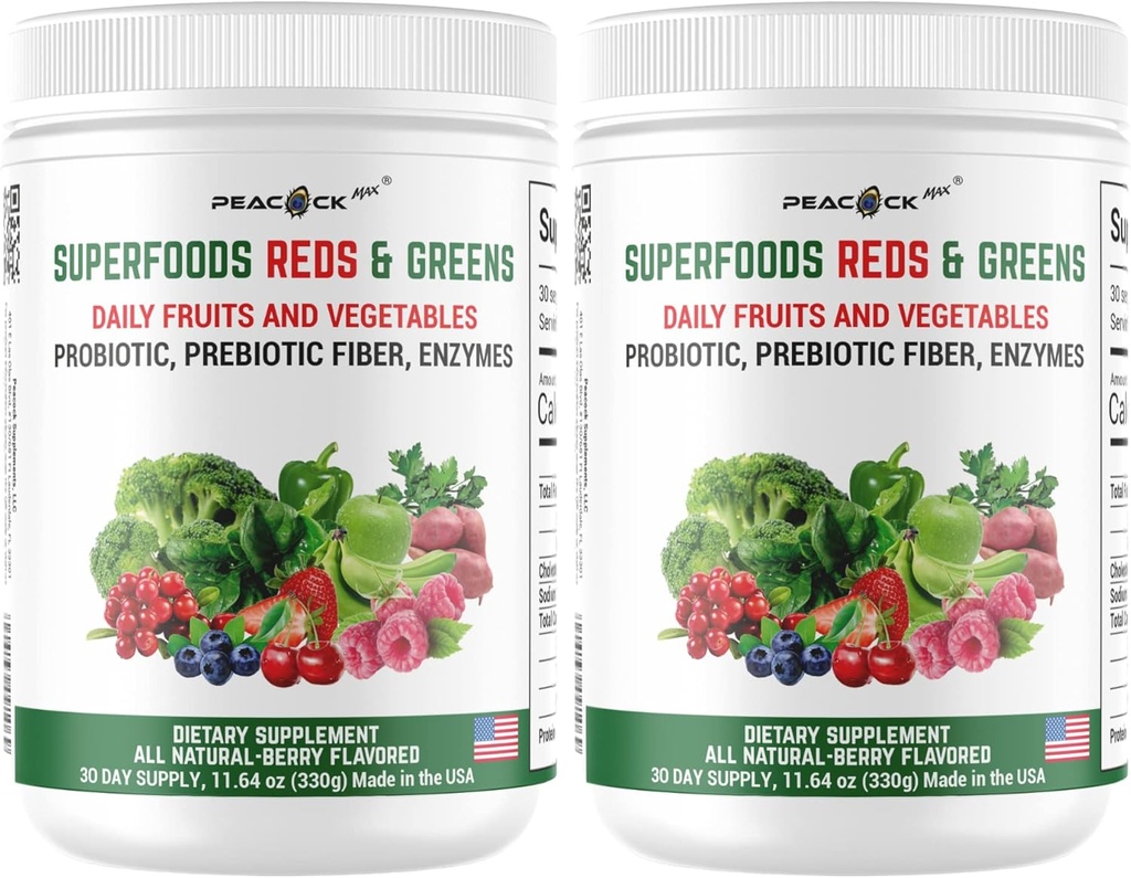 Superfood Reds & Greens Powder - 11.64 Unze (Pack von 2), Prebiotics & Probiotics für Verdauungsgesundheit, Super Greens Powder mit Ashwagandha, Antioxidantien, Vegan, Non-GMO