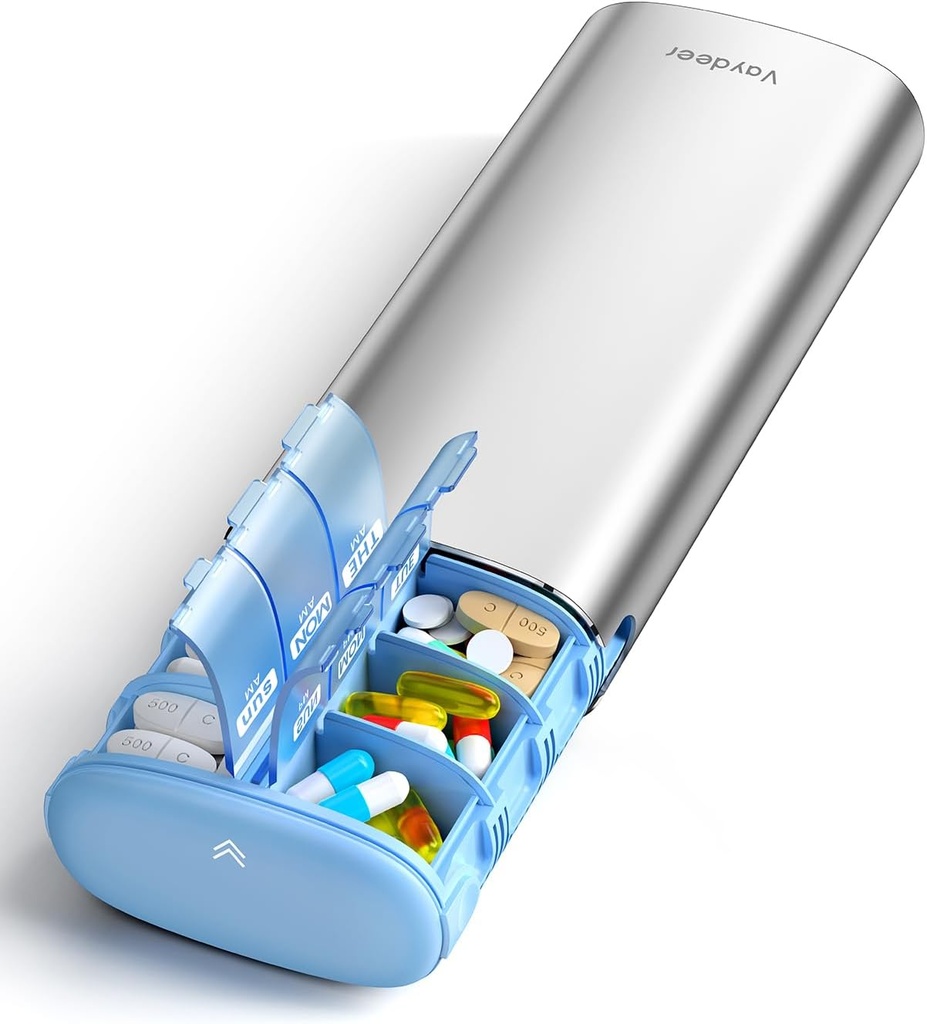 Vaydeer 7 Tage Wöchentliche Pille Organizer 2 Mal pro Tag, Metall Am Pm Reise Pille Fall, große Kapazität zweimal täglich niedliche Pille Box für Ergänzungen, Pillen, Vitamine und Medikamente (Sliver)