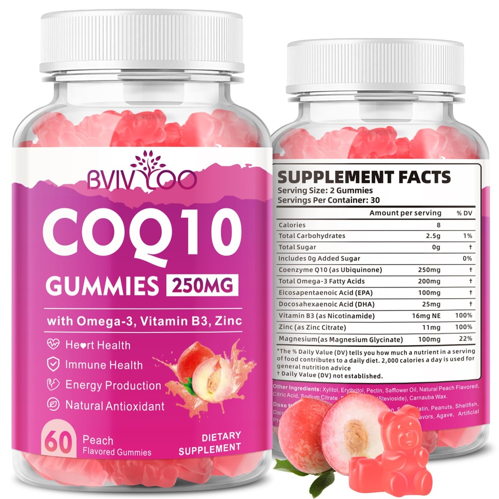 Zuckerfreie CoQ10-Gummien 250mg, Plus Omega-3, Vitamin B3 & Zink, Magnesium - Hohe Absorption Coenzym Q10 Ergänzungen für Herzgesundheit, Zelluläre Energie, & Antioxidans Unterstützung, 60 Zähler