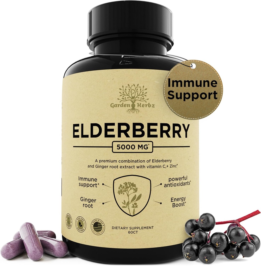 Elderberry with Vitamin C, Zinc, & Ginger – Potent Immune Booster 5000 Mg Elderberry, Zinc, & Vitamin C – Non-GMO Immunity Vitamins for Adults to Help You Feel Vibrant, 60 Caps.