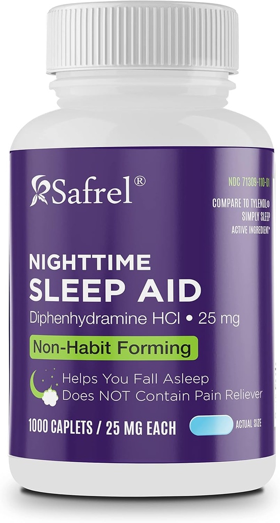 Safrel Nighttime Sleep Aid, Diphenhydramin HCl 25mg | Strong Non Habit-Forming Restful Sleep Support für Männer & Frauen | Fall Asleep Faster & Wake up Refreshed (1000 Count (Pack of 1), 1000, Count)