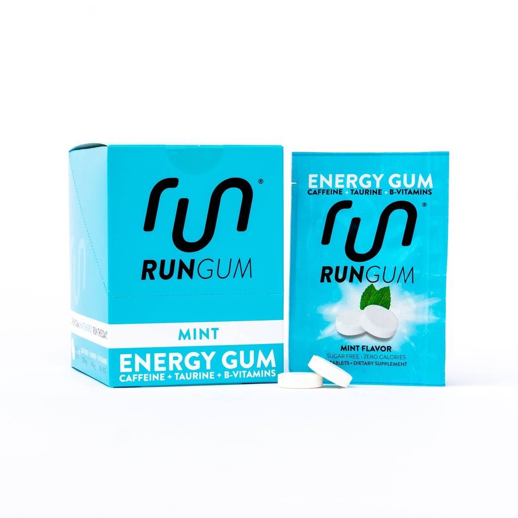RUN GUM Mint Energy Gum 50mg Koffein Taurine & B-Vitamine Per Piece, 24 Stück (Pack mit 12), 2 Stück = 1 Kaffee oder Energy Drink, Sugar Free, Zero Calorie