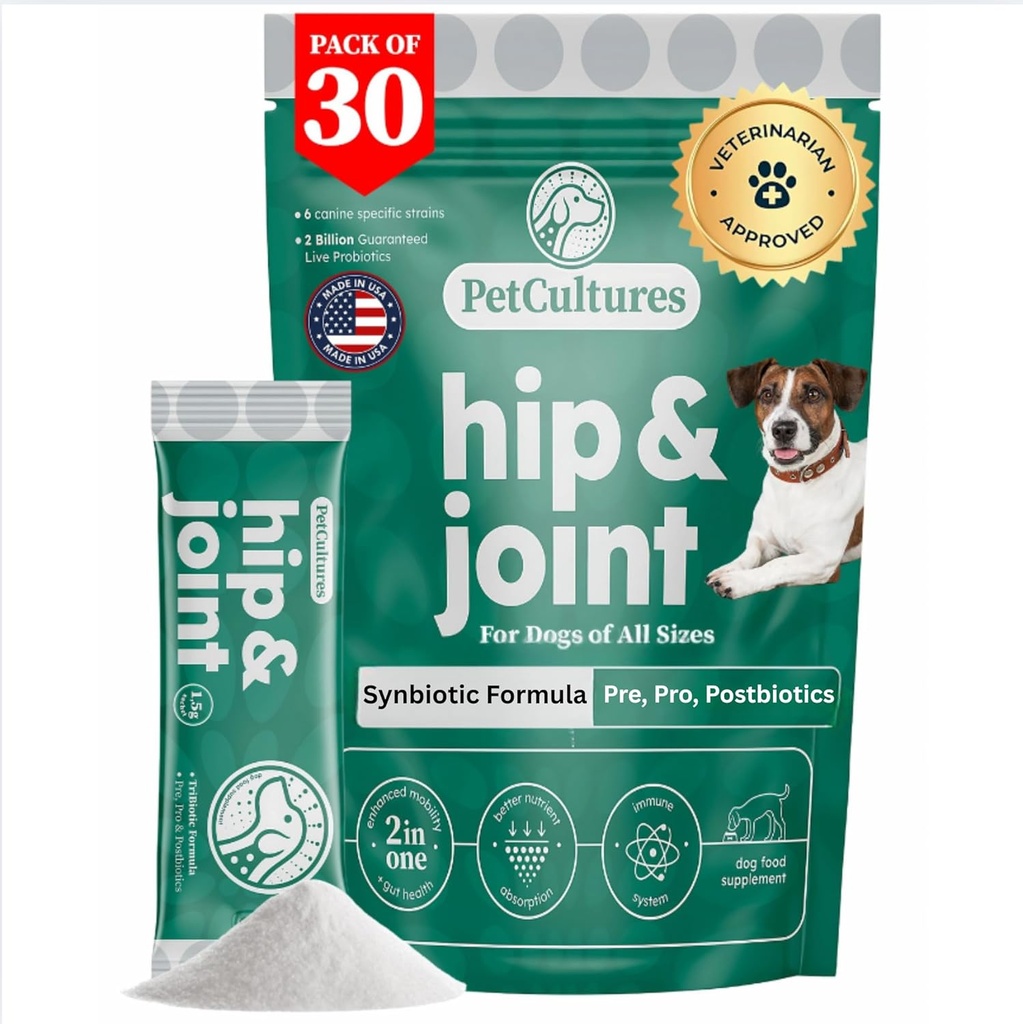 PetCultures Poudre Tribiotique de la hanche et de l'articulation, un supplément de topper alimentaire soutenant la mobilité des chiens avec la glucosamine et la chondroïtine probiotique, prébiotique et postbiotique - Fabriqué aux États-Unis