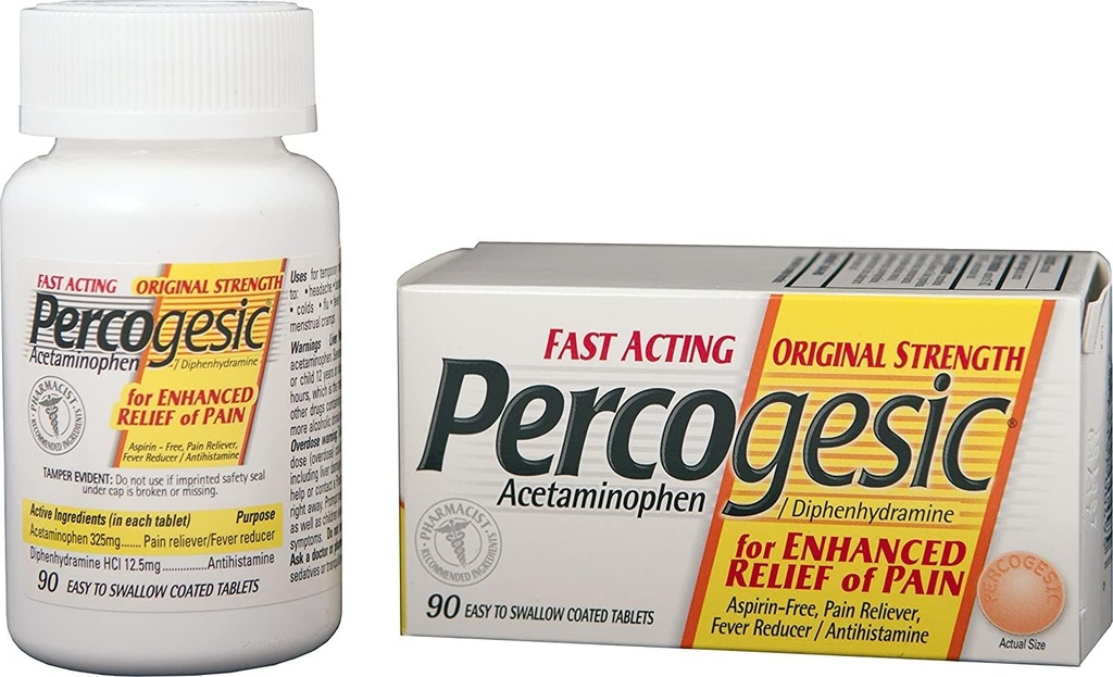Soulagement de la douleur original percogesique : Aspirine libre Relief à action rapide : 90 Caplets enduits (4 pack)