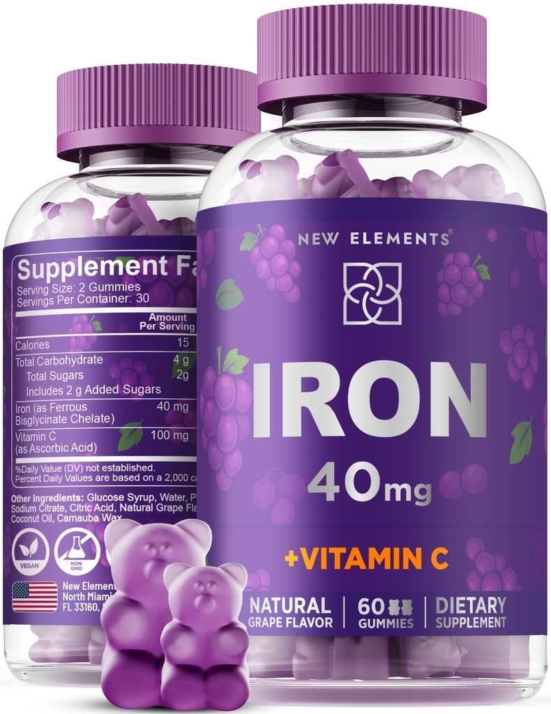 Eisengummis 40mg mit Vitamin C 100mg – Beste Eisenergänzung für Frauen, Männer & Erwachsene – Freier Bluterzeuger für Anämie – Immununterstützung & Energie Booster | Obst Pektin | Vegan | Non-GMO