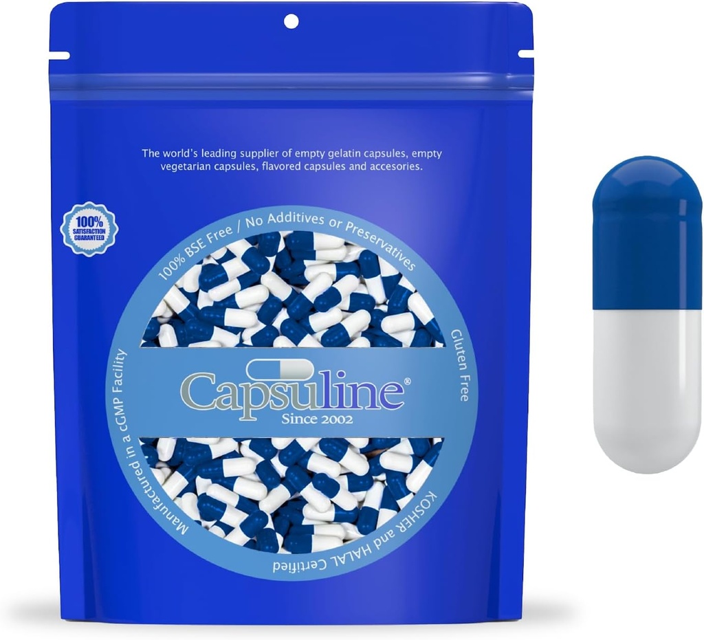 Capsuline Gelatin Kapseln DIY 00 Kapseln - Kosher Certified, Pure Bovine Pillen Kapseln Leer & Glutenfrei - 1000 Graf, Blau/Weiß